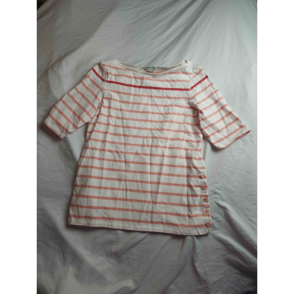 Orvis Blouse Top Womens Small White Orange Striped Boat Neck 3/4 Sleeve Buttons